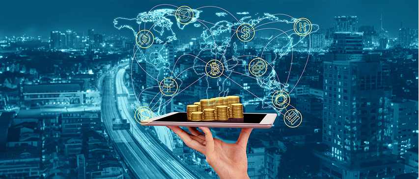 Tablet with gold coins and digital currency symbols representing stablecoins enabling Web3 payment innovation for enterprises.